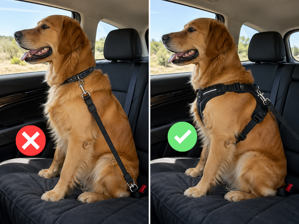 Clipping the dog car seat belt tether to collar is dangerous for dogs during car travel