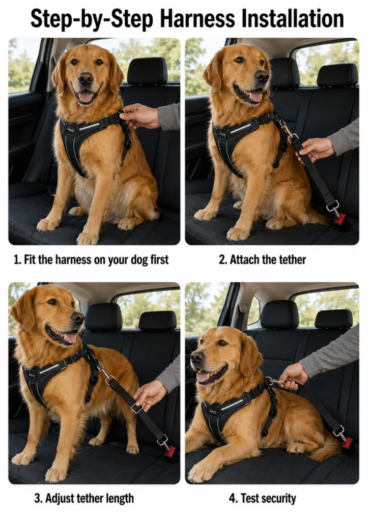Steps to install Dog travel harness.