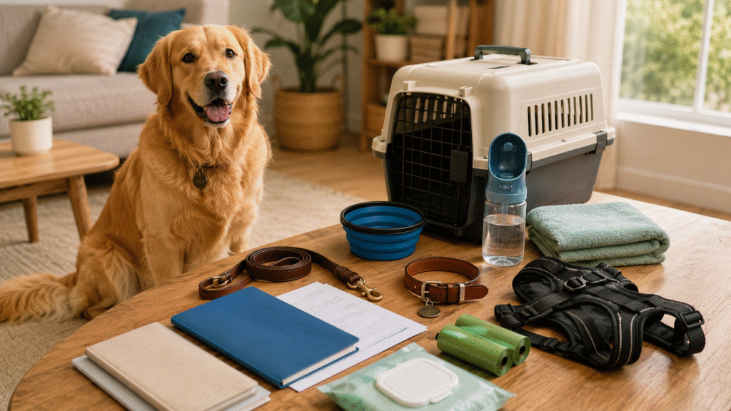 A golden Retriever watching over the dog vet visit preparation.