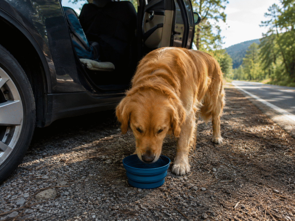 Golden retriever drinking water from a dog water bottle for travel on the roadside