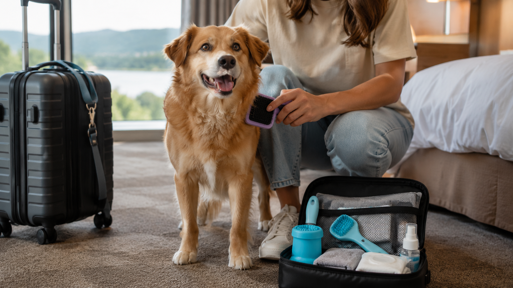 Dog grooming supplies for travel used during a trip, with a portable dog grooming kit, brush, paw cleaner, and towel beside a dog.