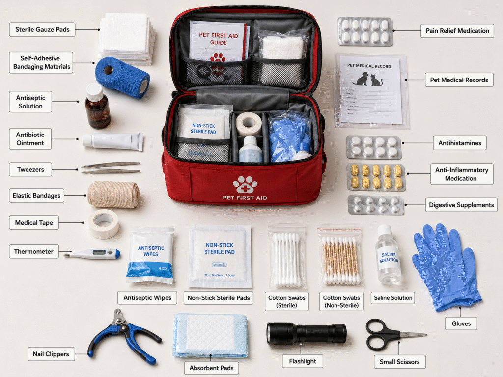 Pet first aid kit essentials with gauze pads, bandages, thermometer, saline solution, gloves, medical records, and vet-approved medicines