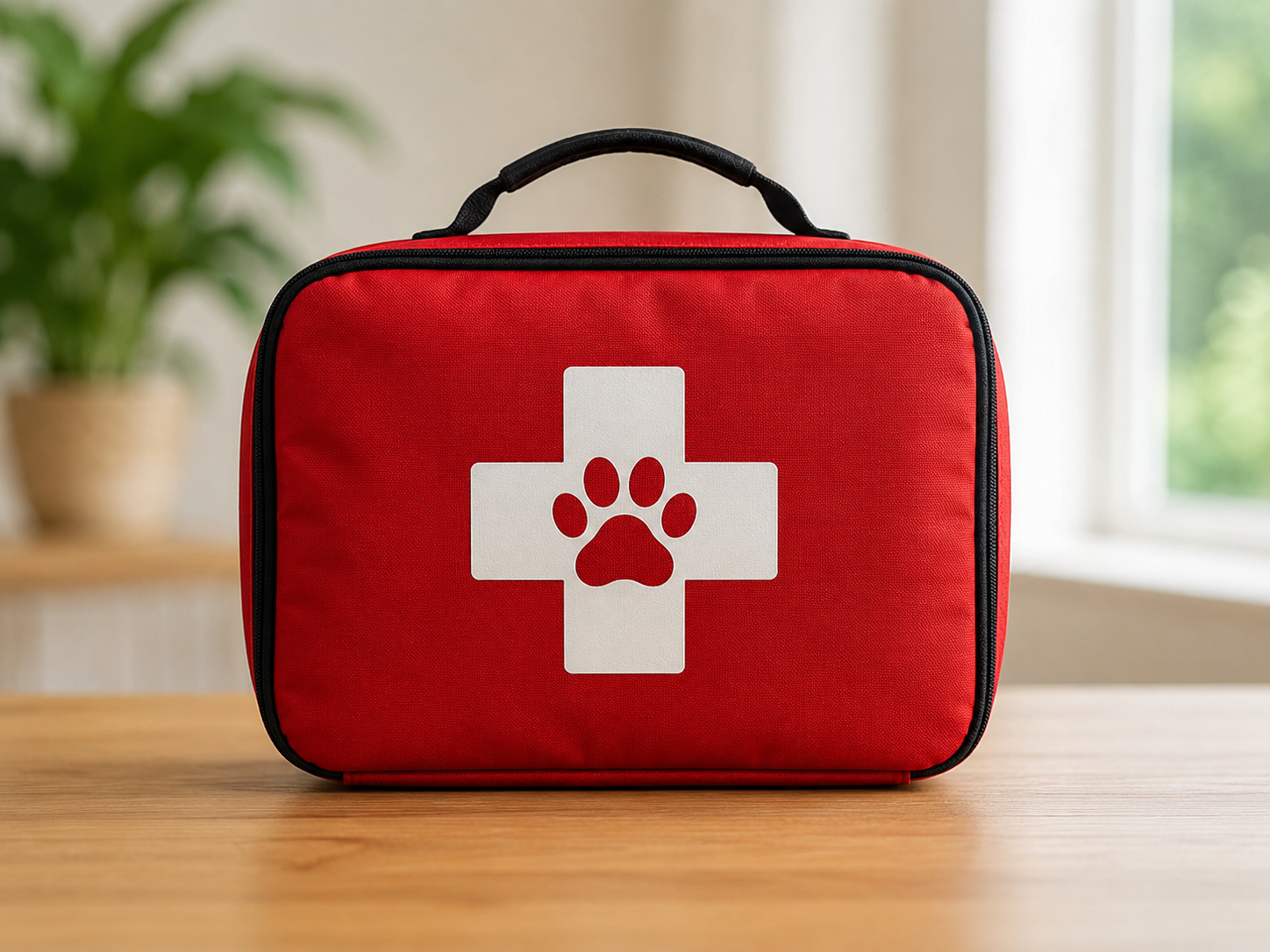 Pet first-aid kit for travel on a wooden table