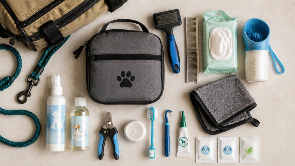 Dog grooming supplies for travel packed in a portable dog grooming kit with brush, wipes, paw cleaner, towel, shampoo, and nail clippers.