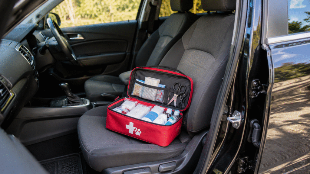 Pet first-aid kit for travel on the front seat of a car