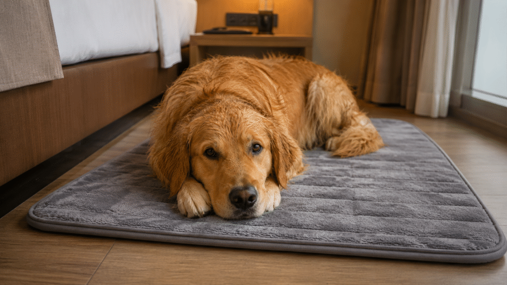 A Golden Retriever dog resting on a foldable drying mat in a hotel room.