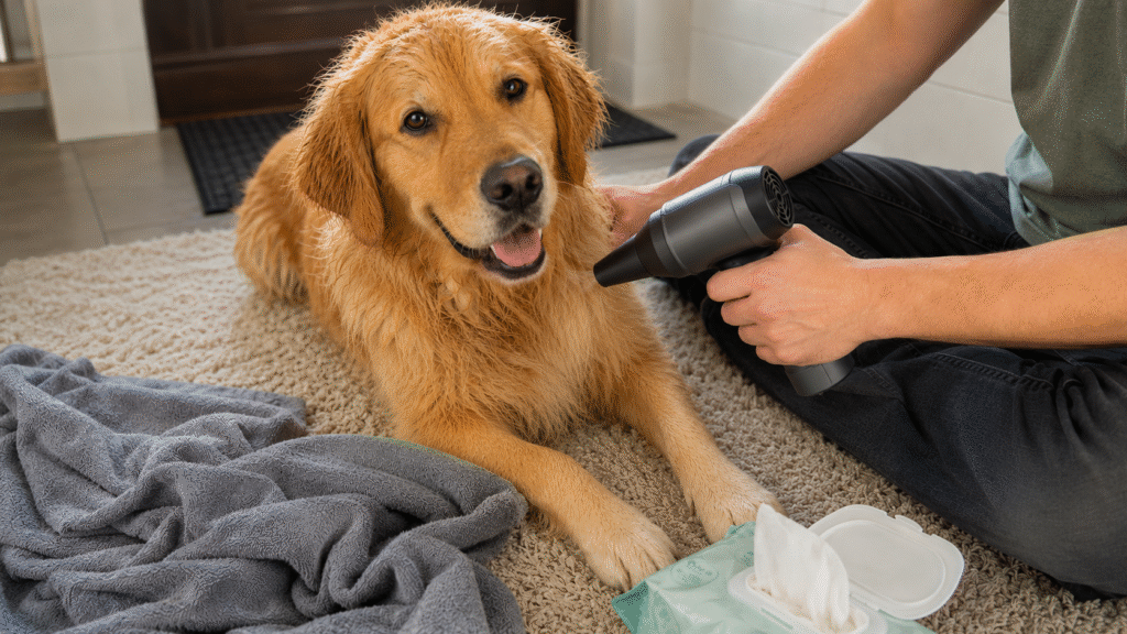 A man drying his Golden Retriever Dog's fur.