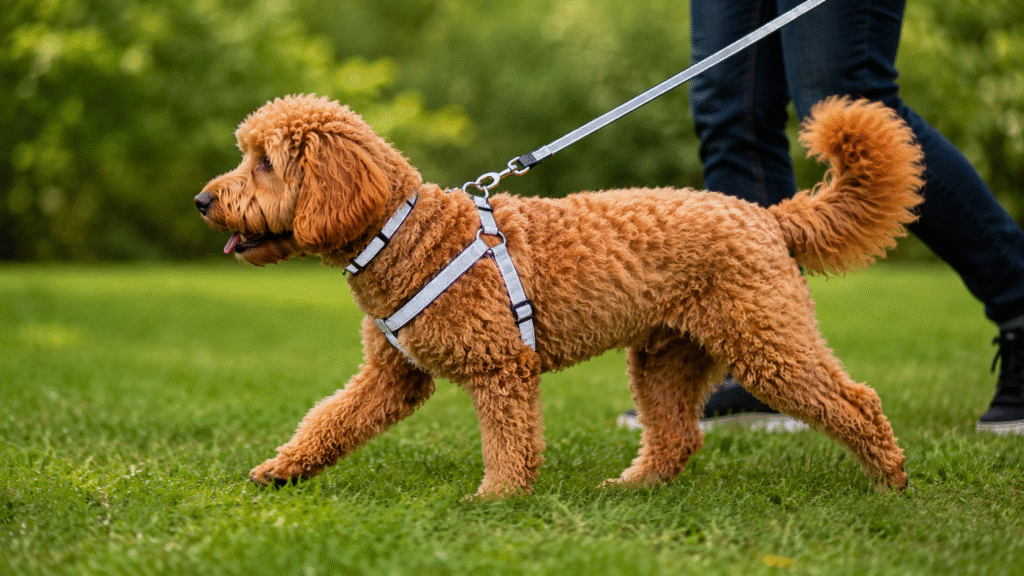 A dog wearing a secure waterproof harness.