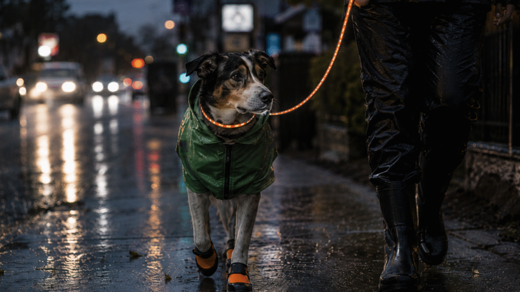 Leash and collar with reflective strips and water-resistant material are important during monsoon travel.