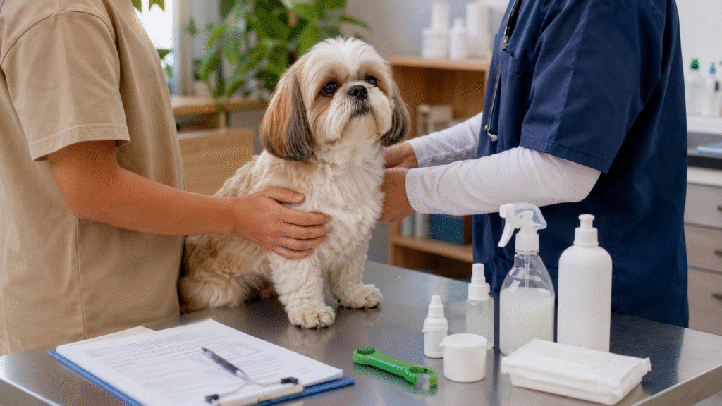 A dog parent consulting flea and tick prevention for dogs with a veterinarian.