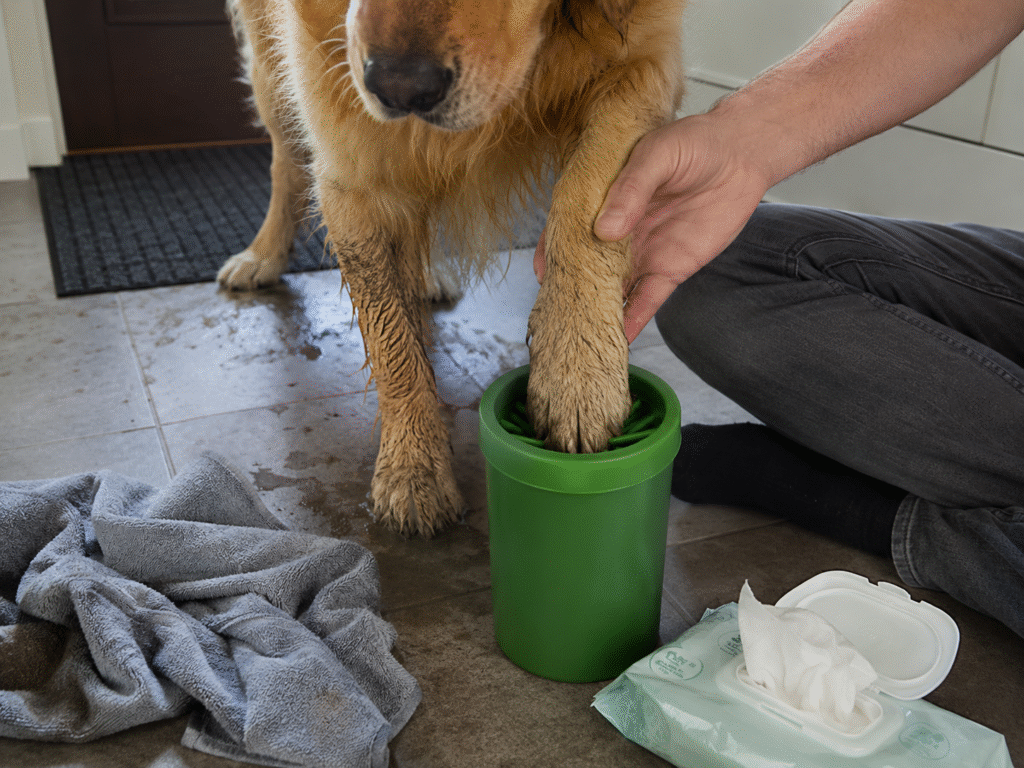 A man cleaning his dog's muddy paw in a green silicon paw cleaner.