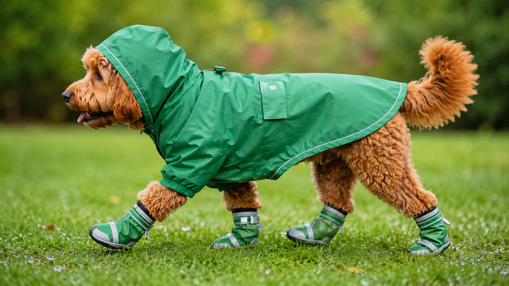 A dog wearing a waterproof raincoat and boots which are the most essential monsoon travel gear for dogs.