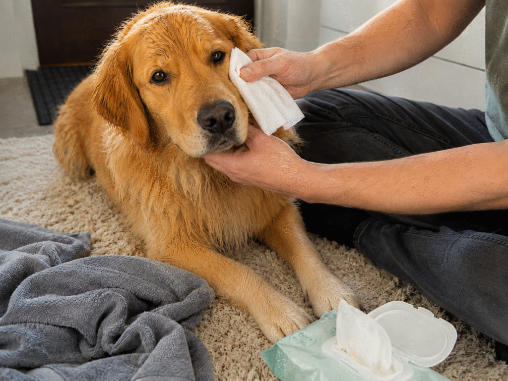 Dog owner cleaning his dog's face with wet wipes.