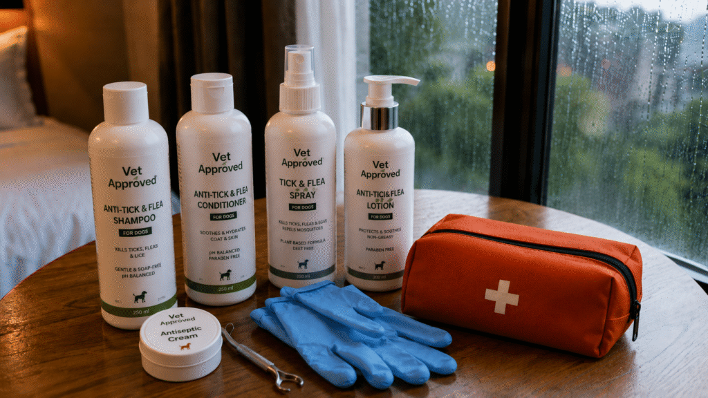 Vet approved tick and flea protection products are displayed on a table.