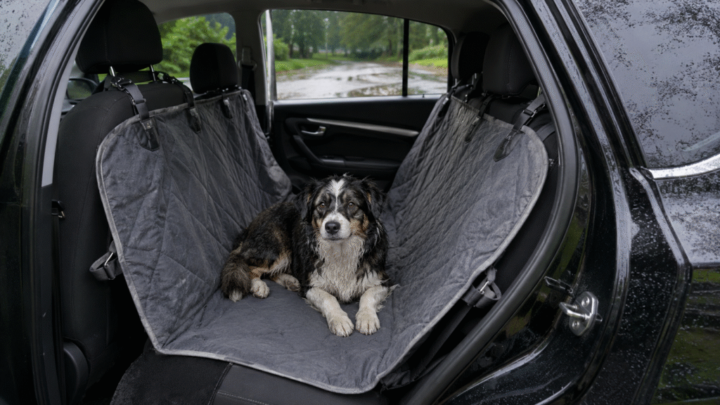 A wet dog sitting on a car seat cover on the back seat of the car.