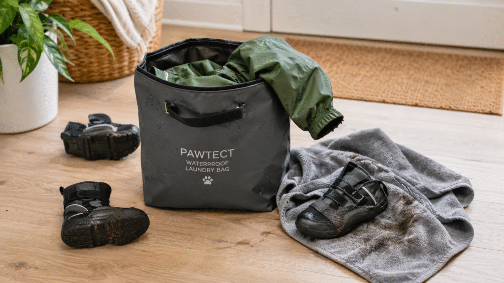 A waterproof laundry bag keeps wet towels, muddy boots, raincoats, and dirty clothes separate from clean luggage.