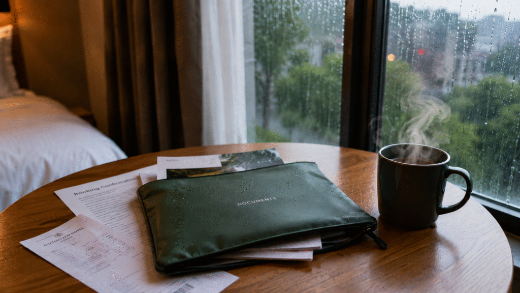 A waterproof green pouch is lying on a table with documents inside it.