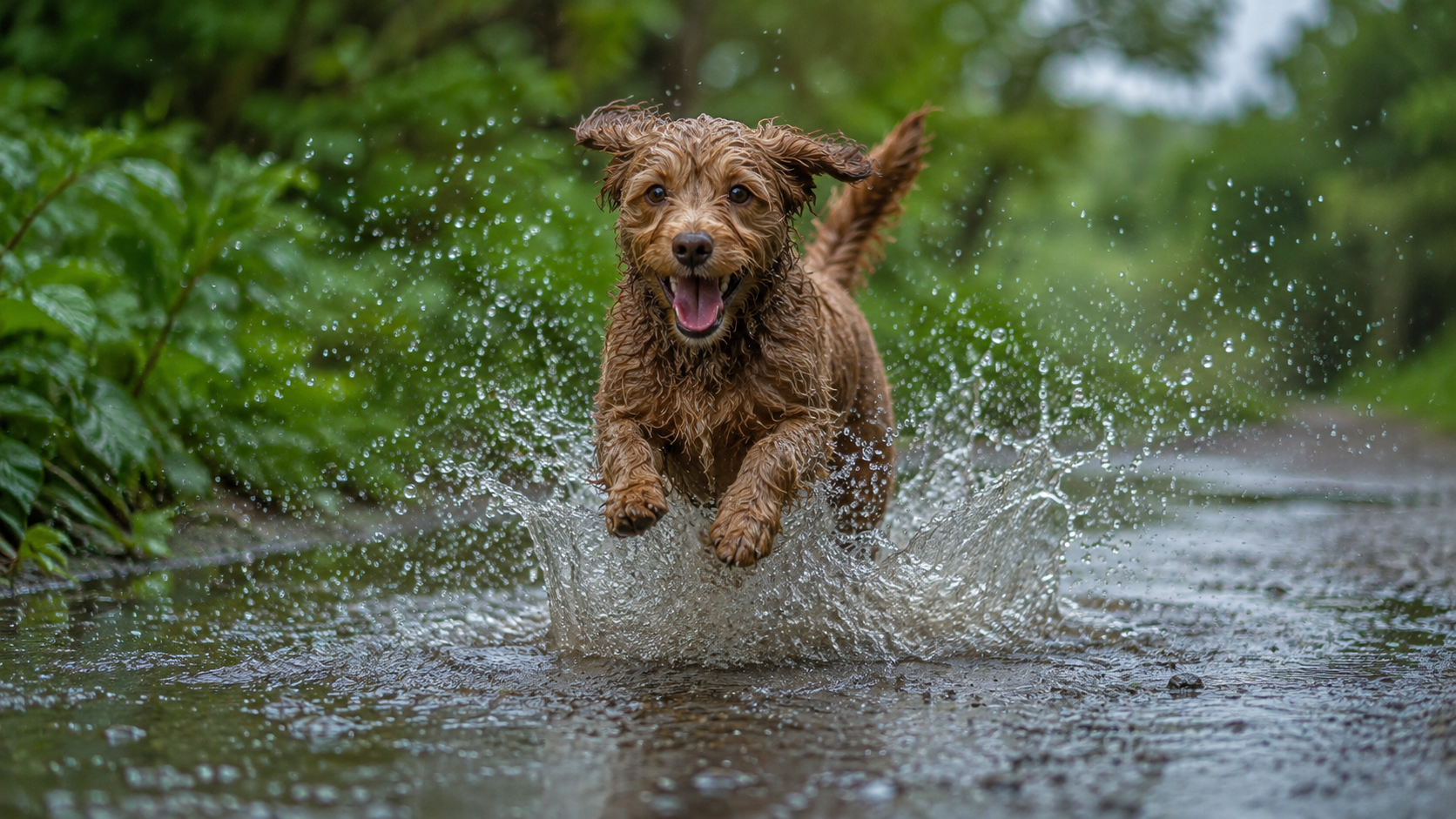A dog Playing in a Puddle After Rain
