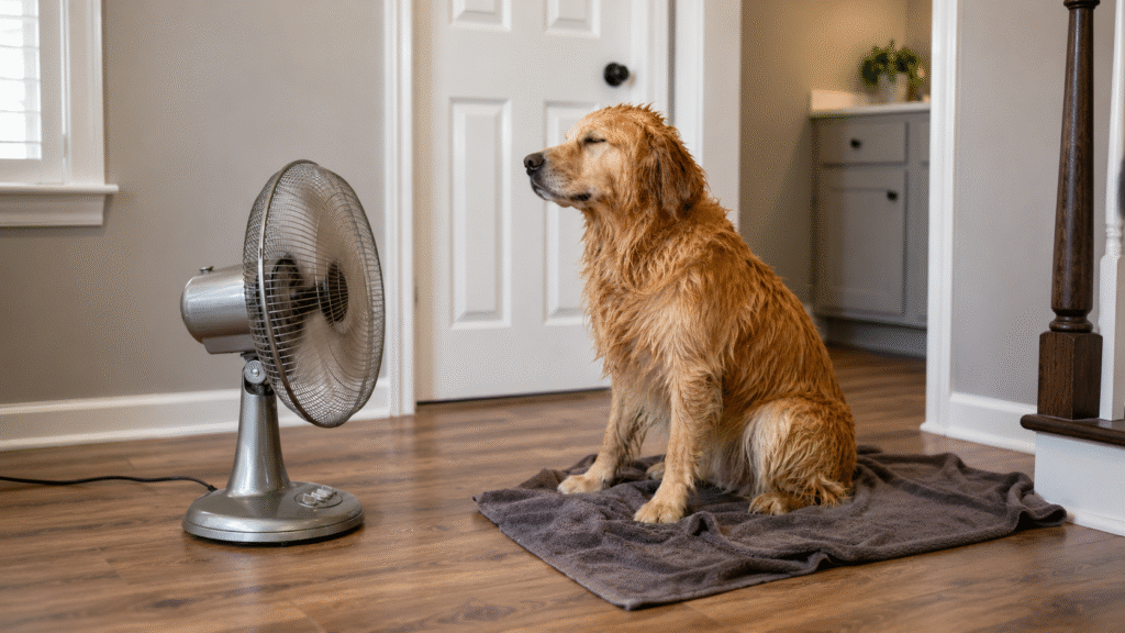 Wet Golden Retriever Enjoying Fan Breeze after Rainy Walk.